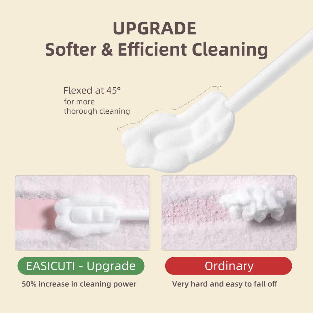 Cat paw shaped brush head bent at 45° for thorough cleaning