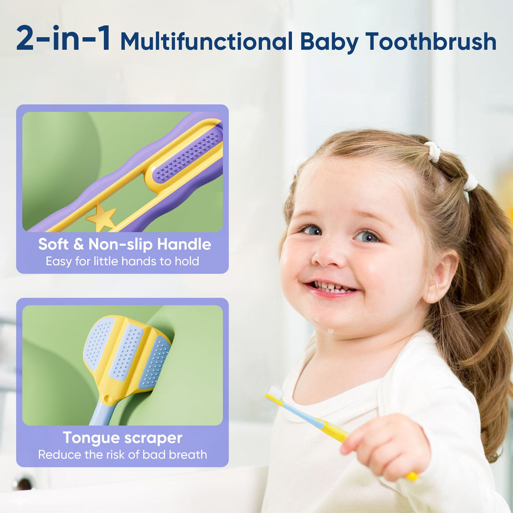 Toddler training toothbrush being used by a child to learn brushing.