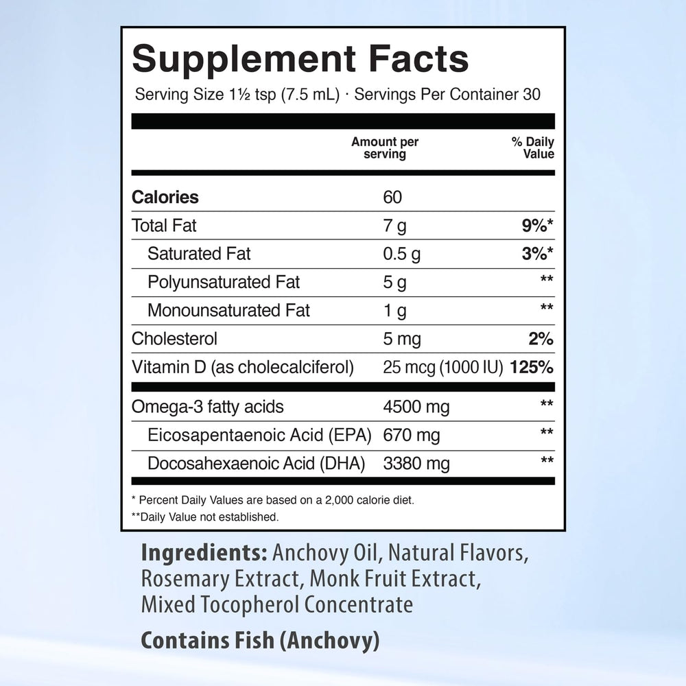 Spoon of omega-3 liquid dose: 1/2 tablespoon