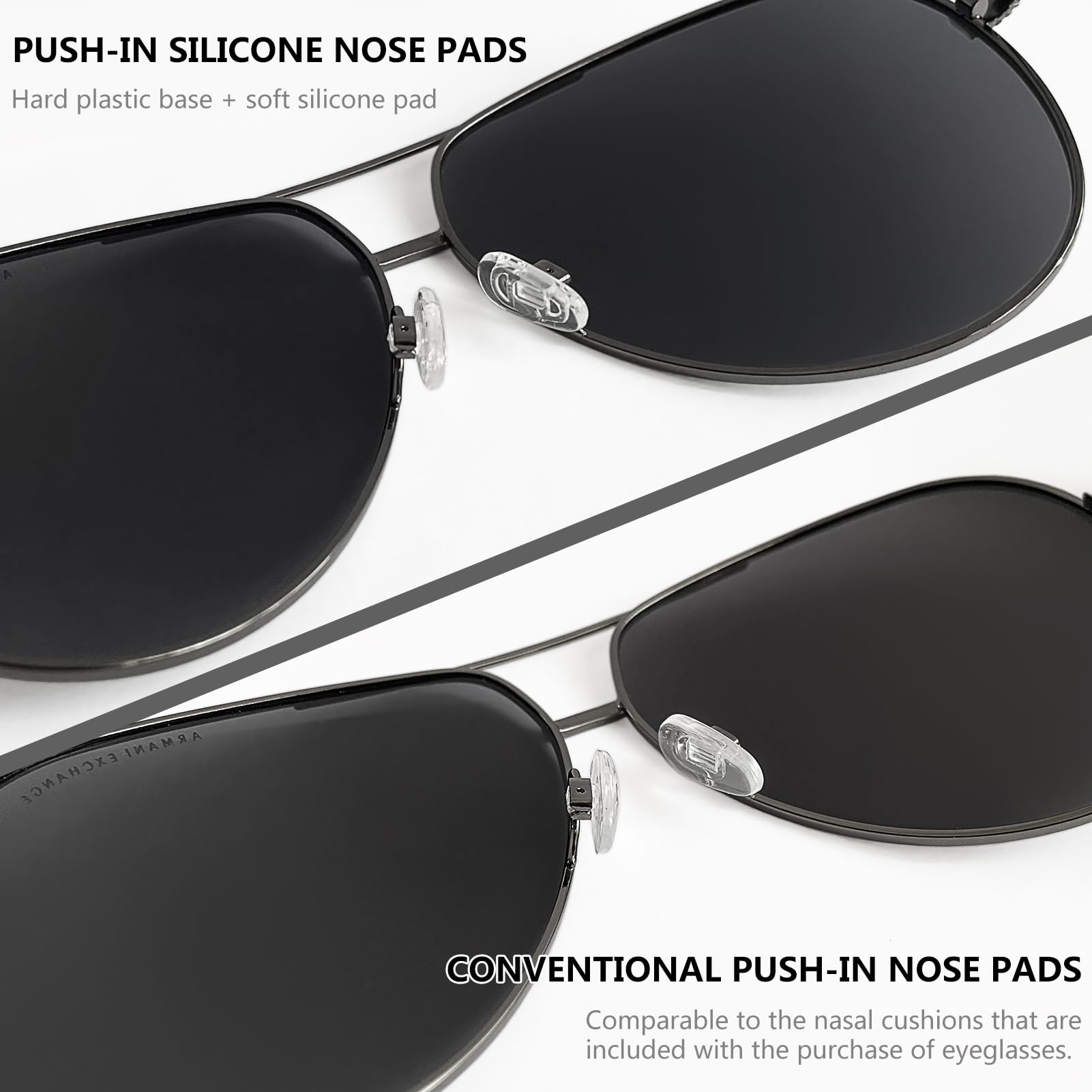 Easy push-in installation for eyeglass nose pads