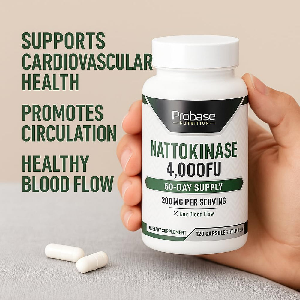 Easy-to-swallow nattokinase capsules on white background