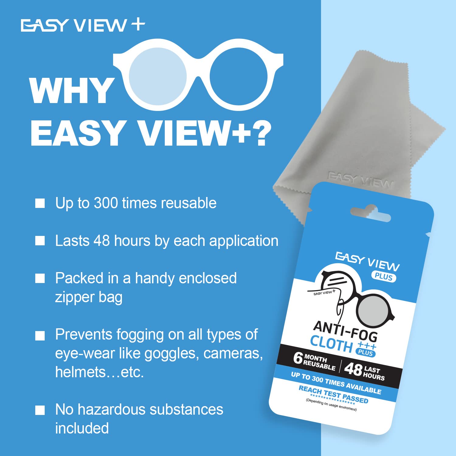 EASY VIEW+ anti-fog microfiber cloth on goggles