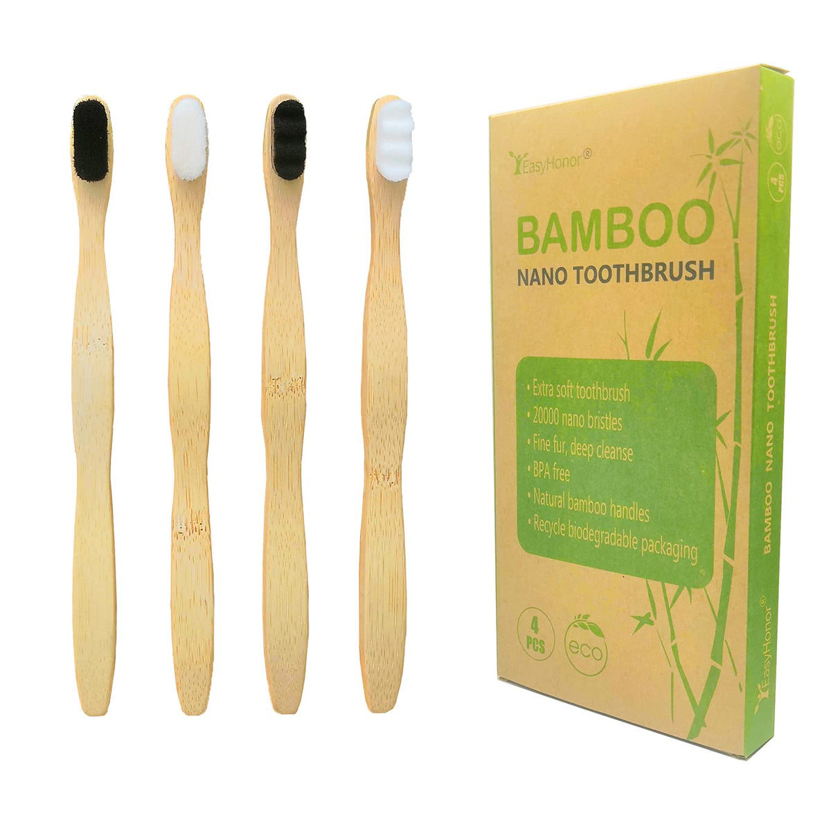 EasyHonor extra soft bamboo toothbrush 4-pack – bamboo handle close-up