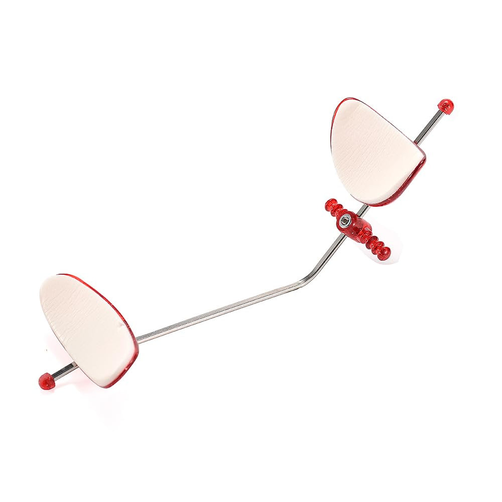 Close-up of elastics engagement bar on red protraction face mask