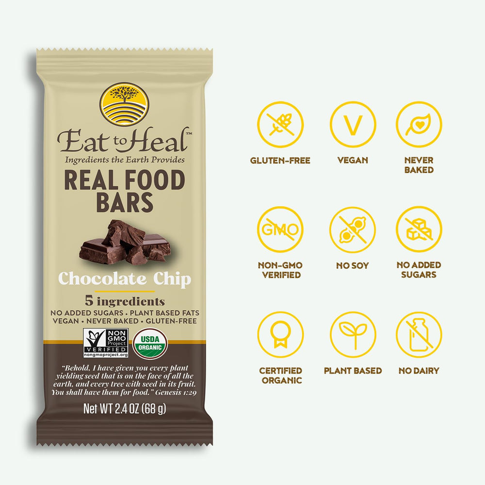 EatToHeal bar texture slow-motion shows chewy gluten-free oats with cacao nibs.