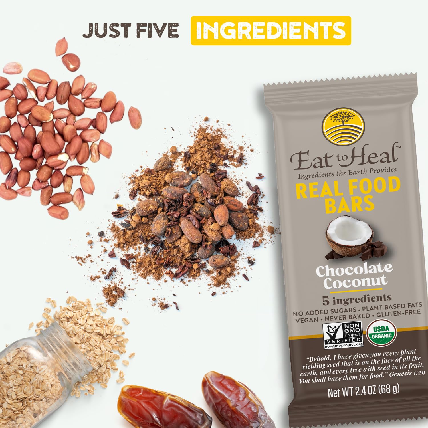 EatToHeal chocolate coconut bar closeup reveals chewy dates and coconut for a real-food texture.