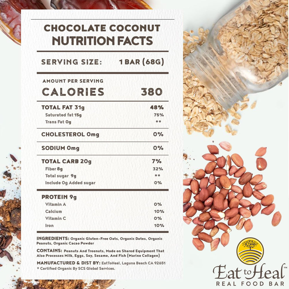 EatToHeal chocolate coconut bar ingredients show almonds and cacao for a wholesome, gluten-free bite.