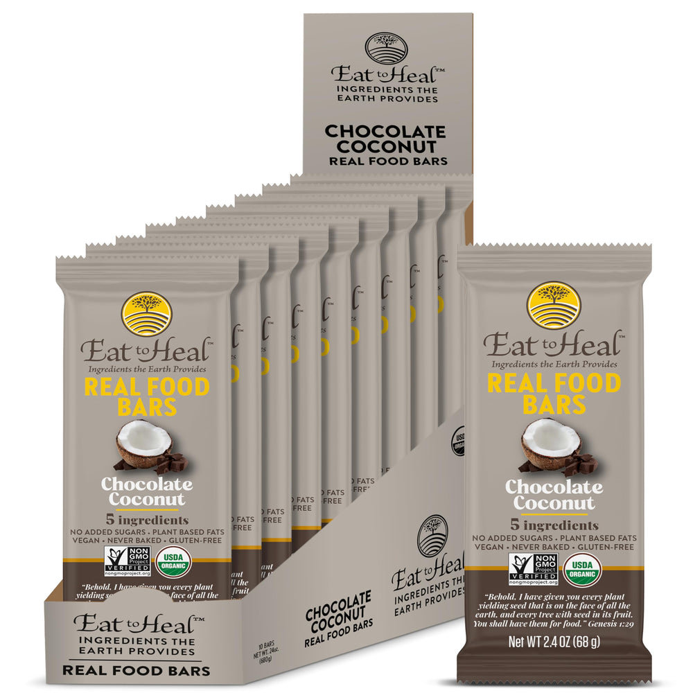 EatToHeal chocolate coconut real food bar packaging highlights organic plant-based nutrition for convenient snacking.