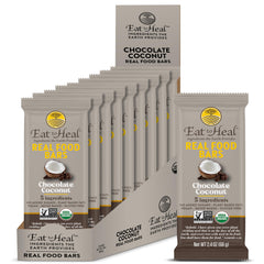 EatToHeal chocolate coconut real food bar packaging highlights organic plant-based nutrition for convenient snacking.