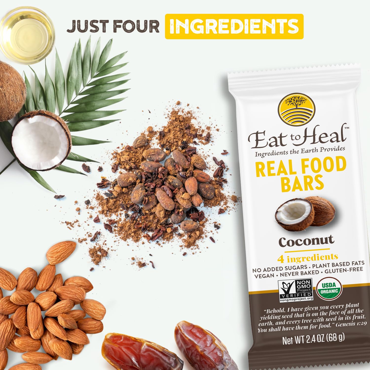 EatToHeal Coconut Real Food Bar close-up highlights creamy texture and tropical flavor