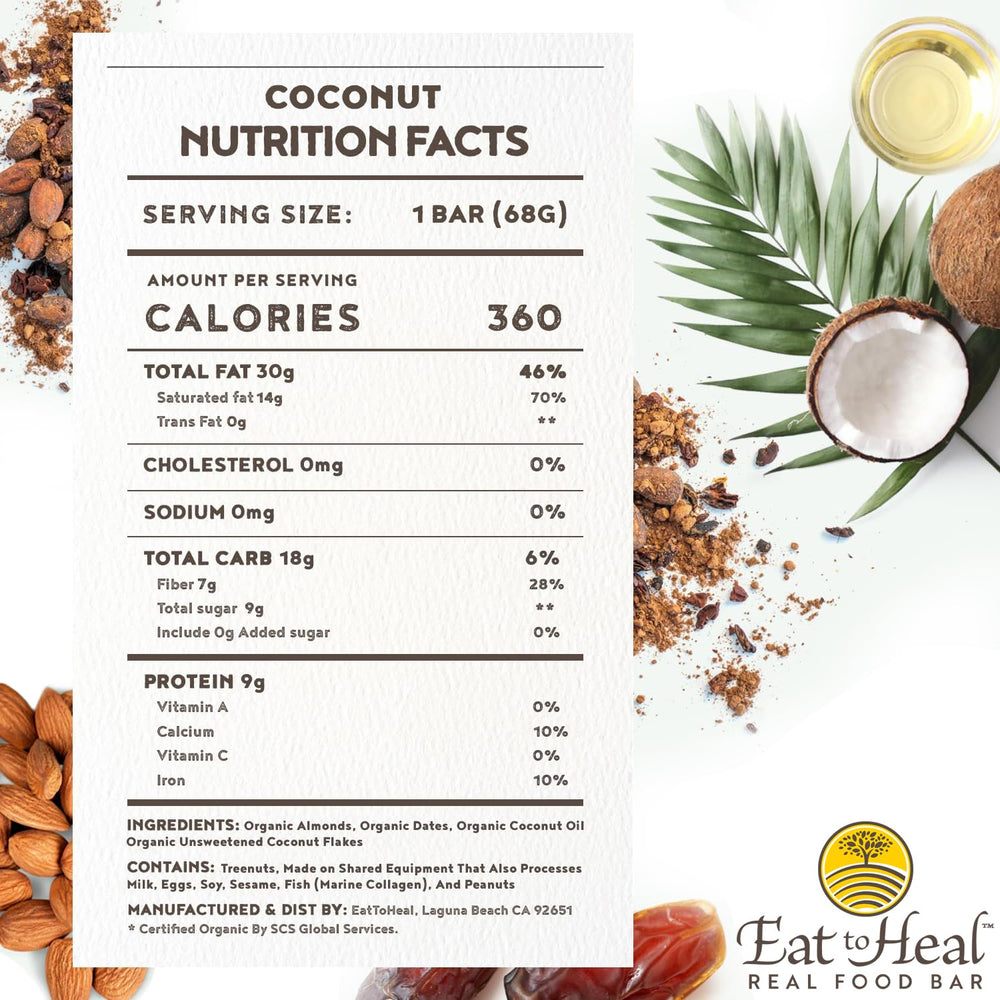 EatToHeal coconut bar ingredients close-up with almonds and coconut
