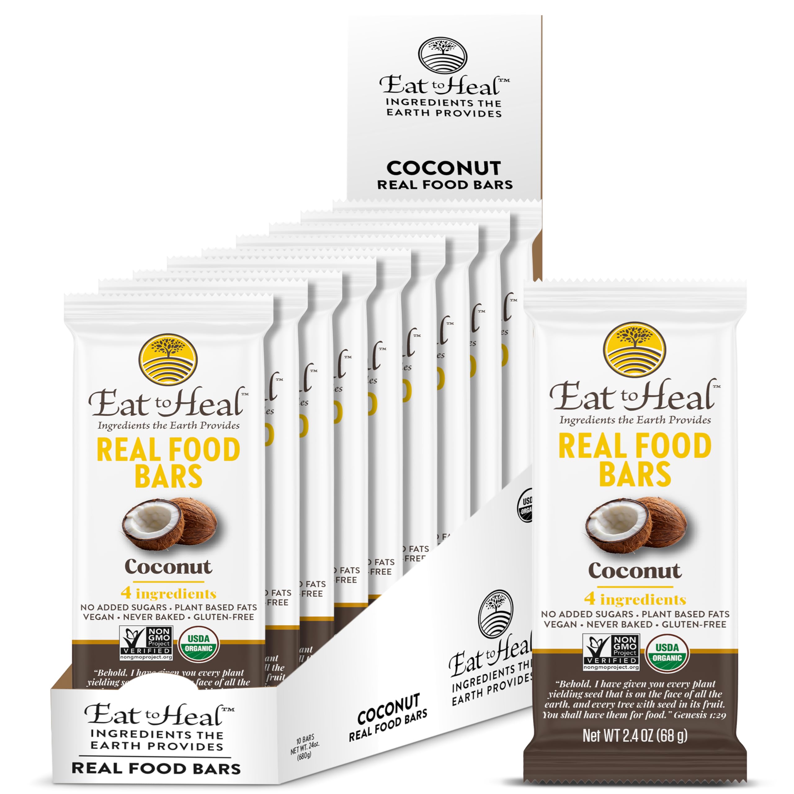 EatToHeal Coconut Real Food Bar pack shows organic vegan snack for on-the-go energy