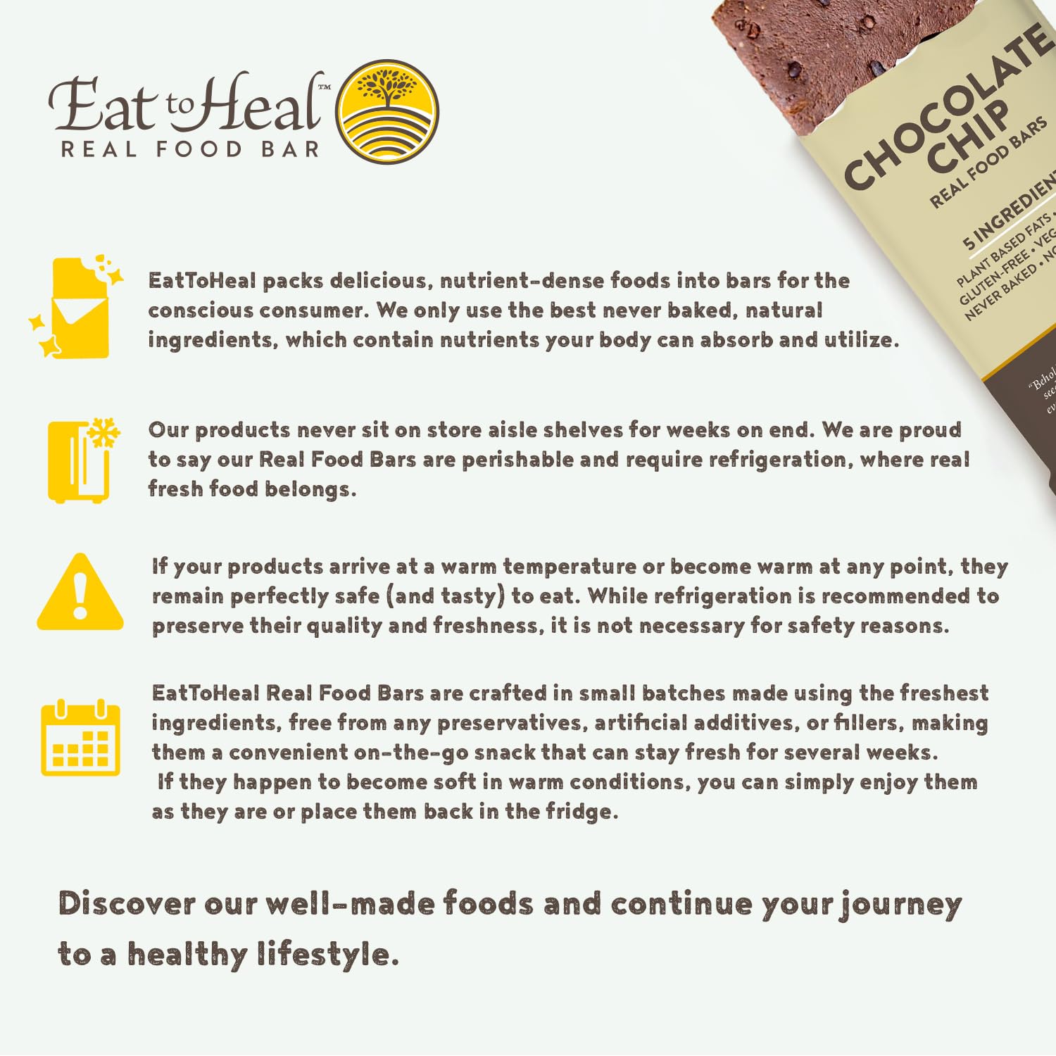 EatToHeal delivery packaging demonstrates reliable perishable-bar quality from door to snack.