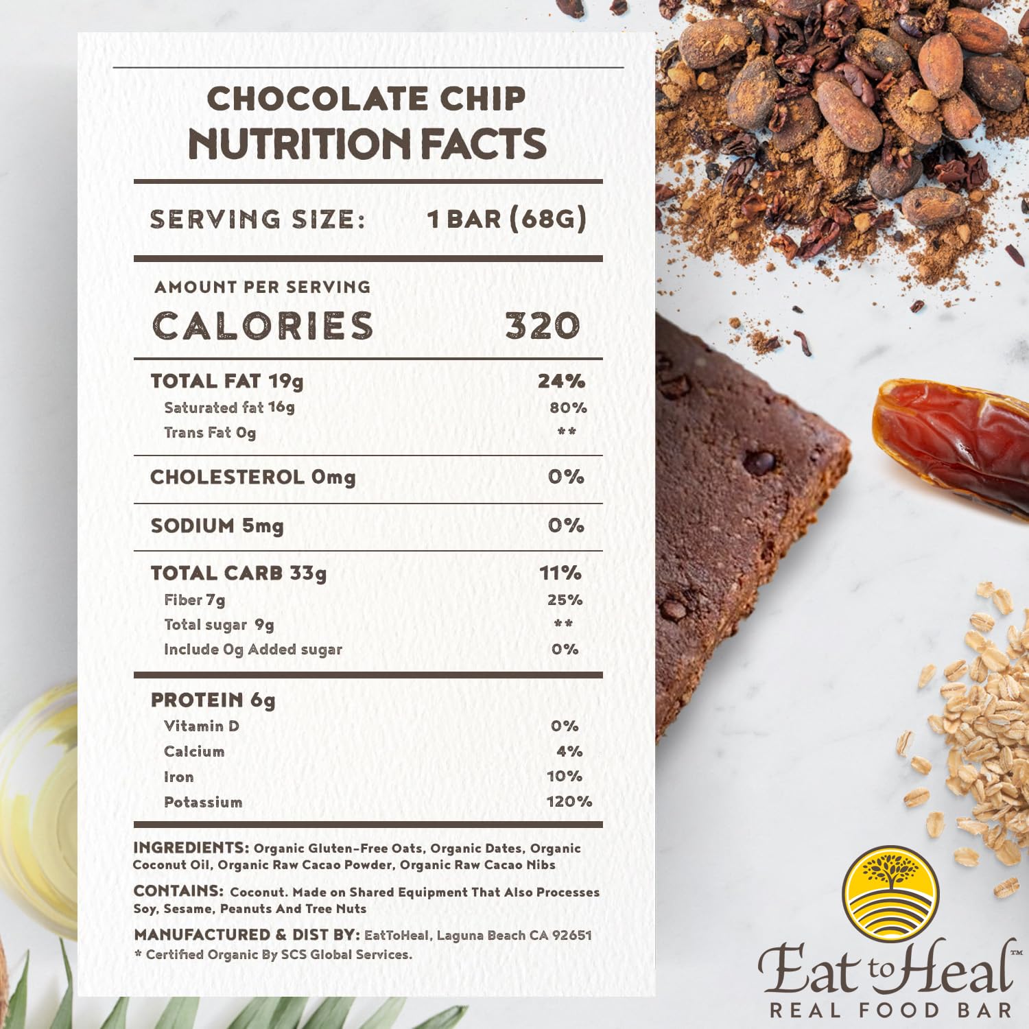 EatToHeal ingredients glow featuring oats, dates, cacao nibs and powder for clean nutrition.
