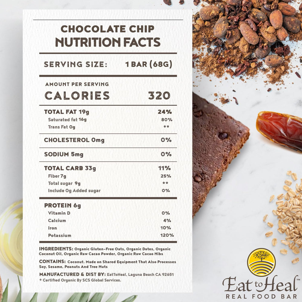 EatToHeal ingredients glow featuring oats, dates, cacao nibs and powder for clean nutrition.