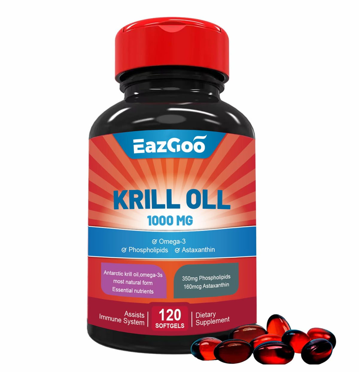 EAZGOO Antarctic Krill Oil bottle – 1000 mg per serving, 120 softgels