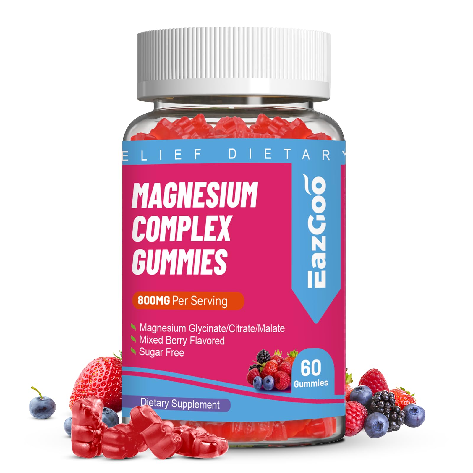 Front view of EAZGOO Magnesium Gummies 800mg bottle