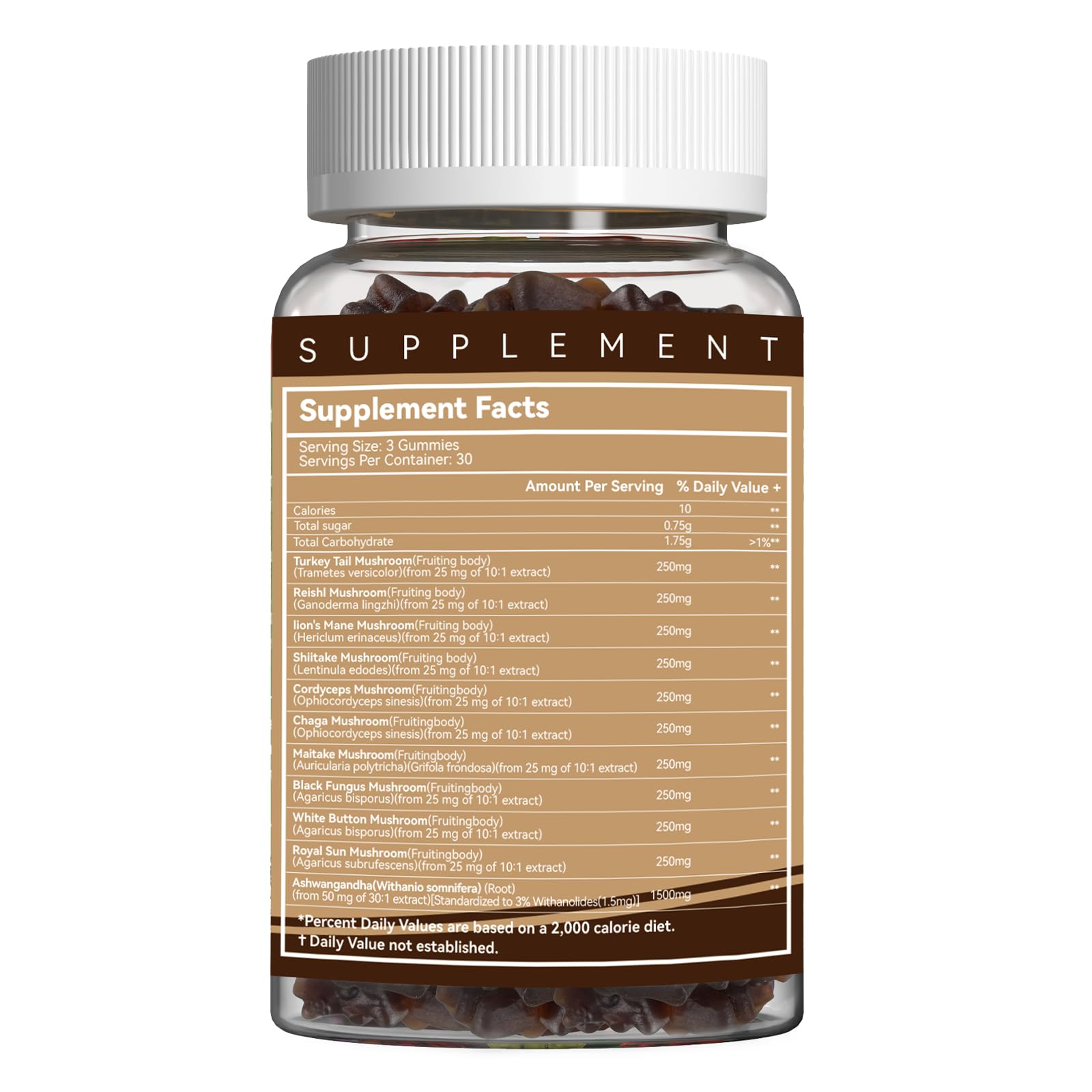 Close-up of EAZGOO gummies showing mushroom blend ingredients