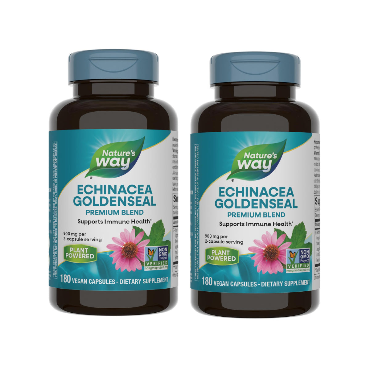 Nature's Way Echinacea Goldenseal bottle showing 900 mg Echinacea per 2-capsule serving