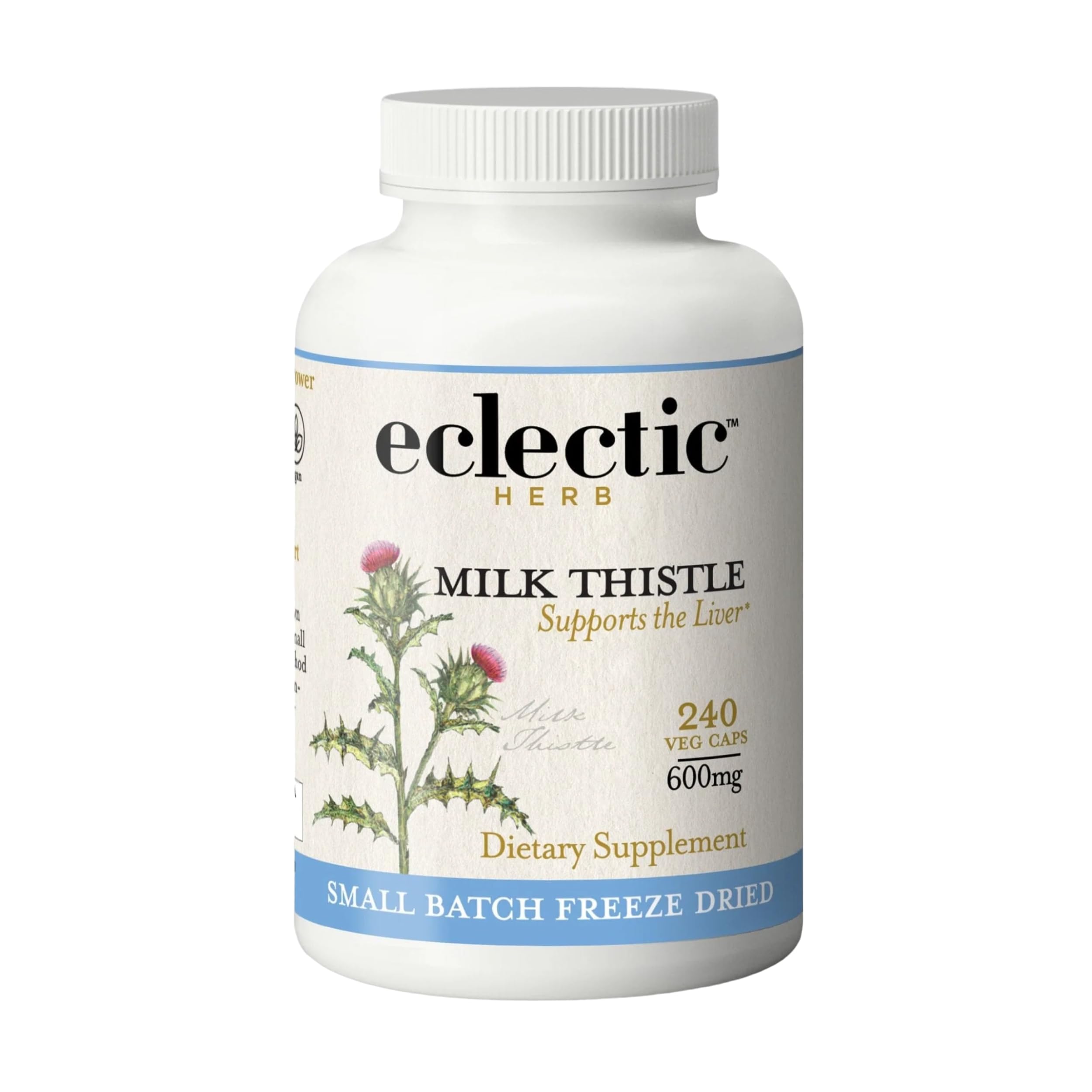 Eclectic Herb Milk Thistle capsules bottle label 600 mg, 240 count