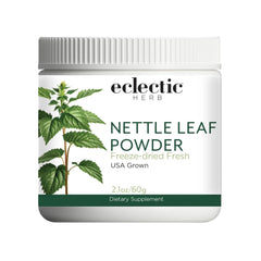 Eclectic Herb nettle leaf powder supplement bottle label showing 2.1 oz.