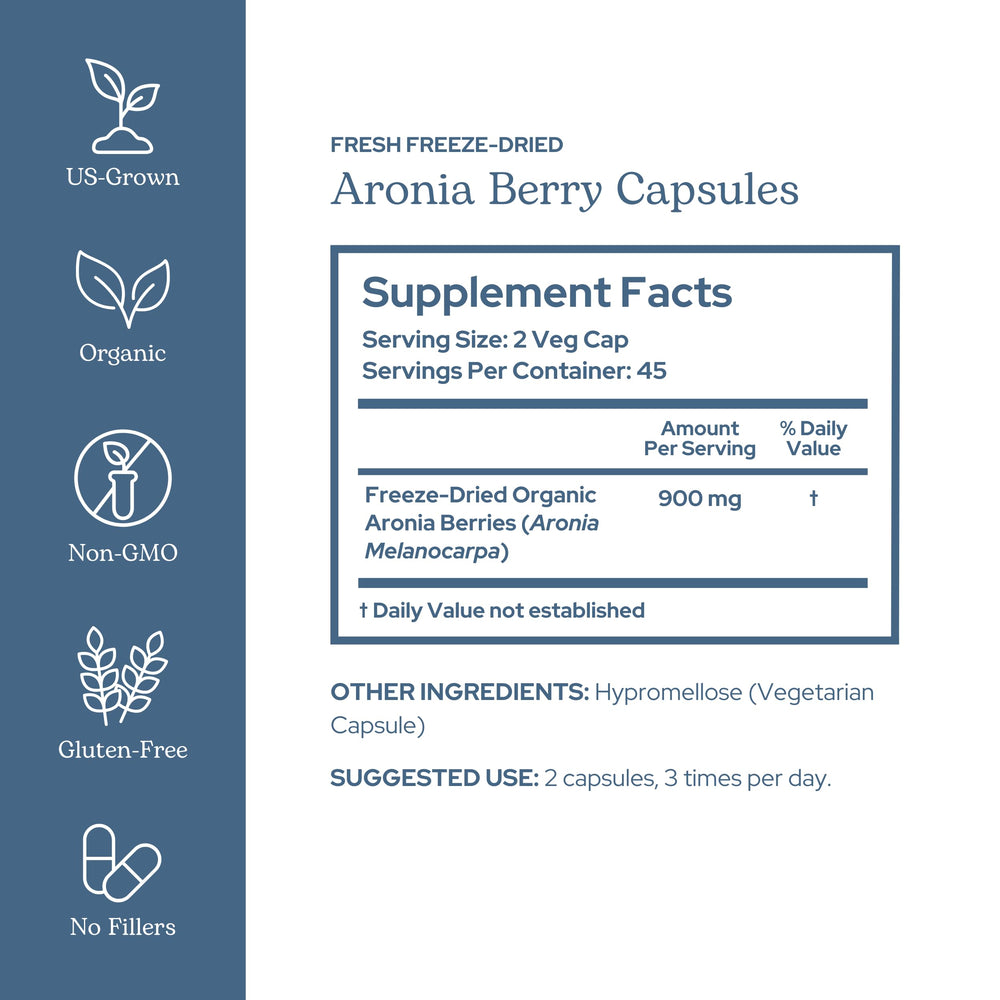 Eclectic Institute freeze-dried aronia berries close-up showing concentrated nutrition