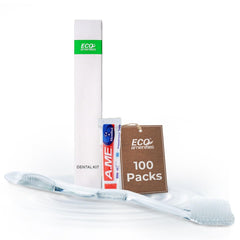 Bulk 100-pack ECO Amenities travel toothbrush and peppermint toothpaste kit in transparent packaging