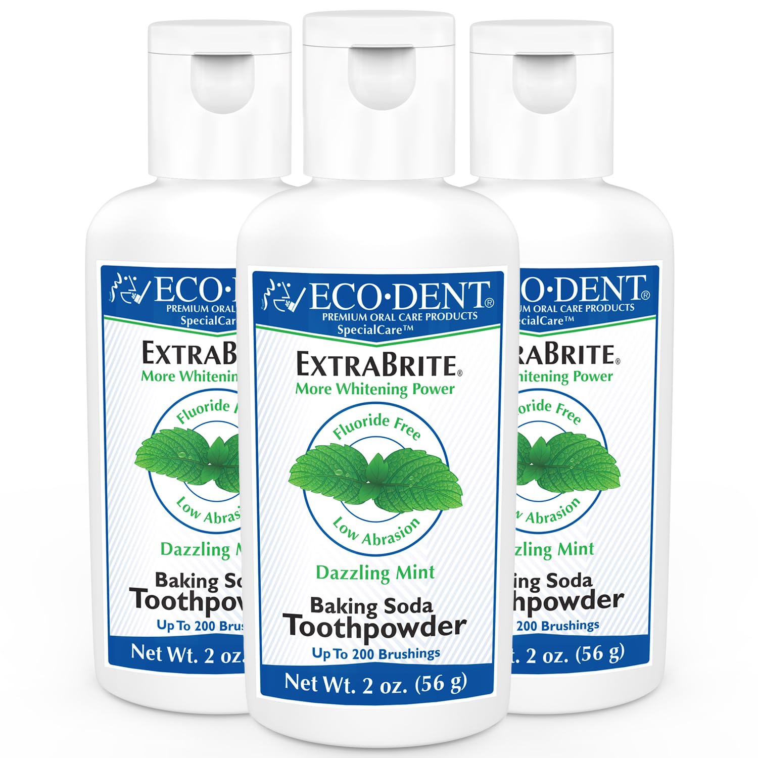 Front view of Eco-Dent ExtraBrite Mint Toothpowder canister in a 3-pack