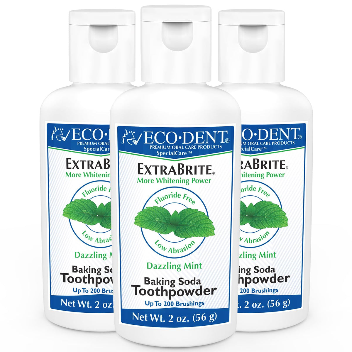 Front view of Eco-Dent ExtraBrite Mint Toothpowder canister in a 3-pack