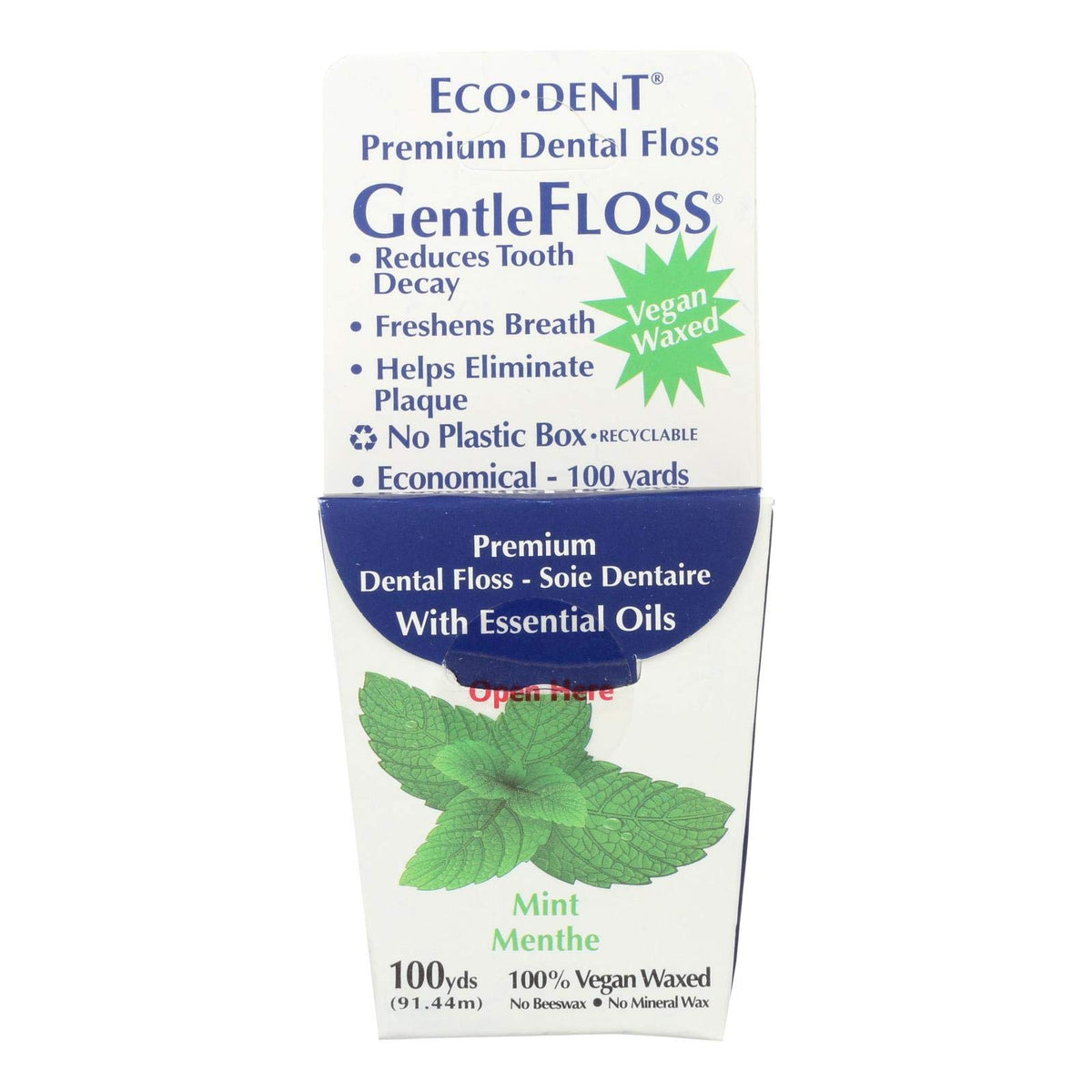 Eco-Dent GentleFloss Mint packaging with 5 packs (100 yards each)