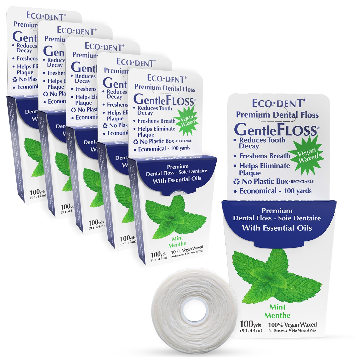 Front view of Eco-Dent GentleFloss Mint Waxed Dental Floss in a 6-pack