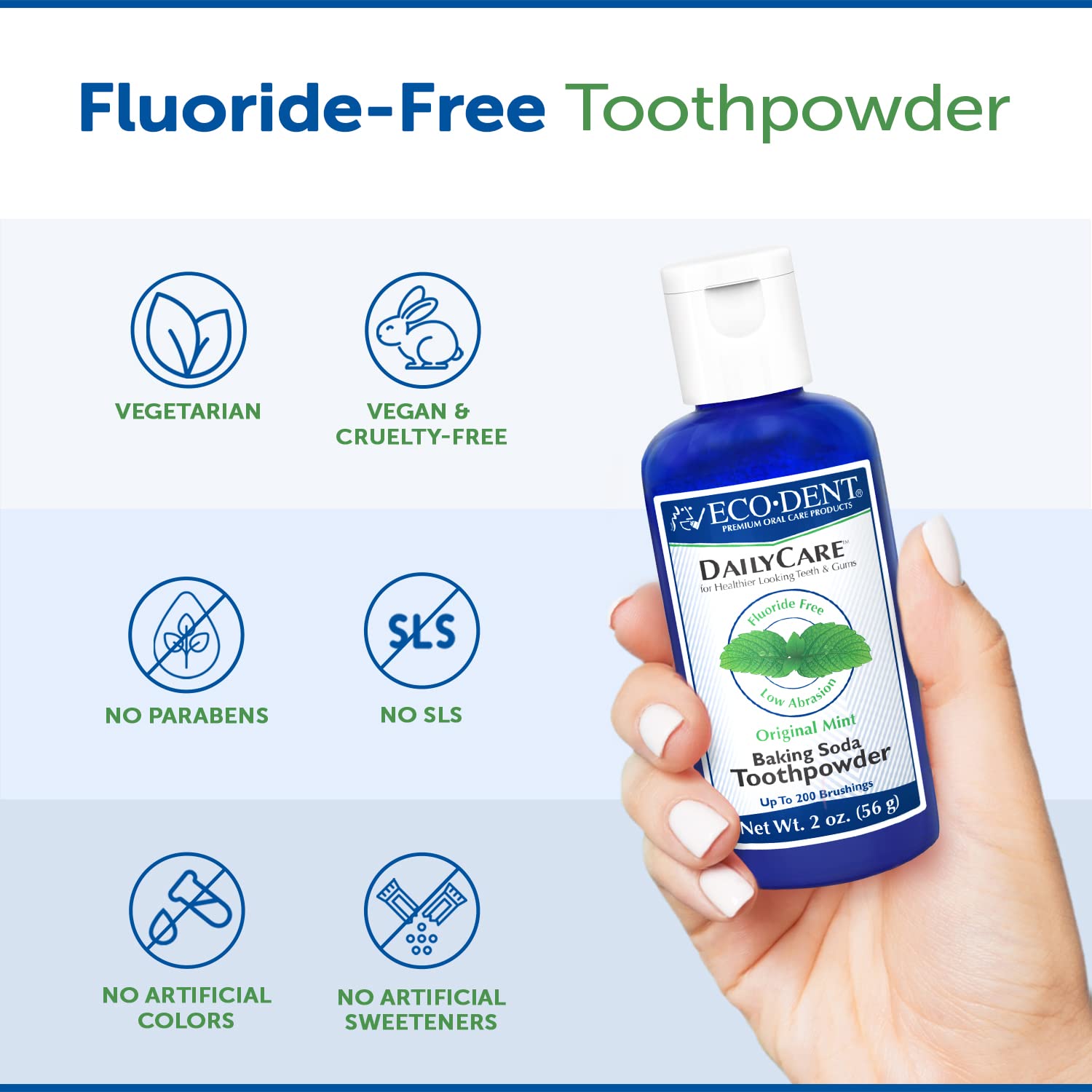 Close-up of Eco-Dent tooth powder dispensing