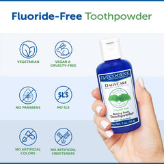 Close-up of Eco-Dent tooth powder dispensing