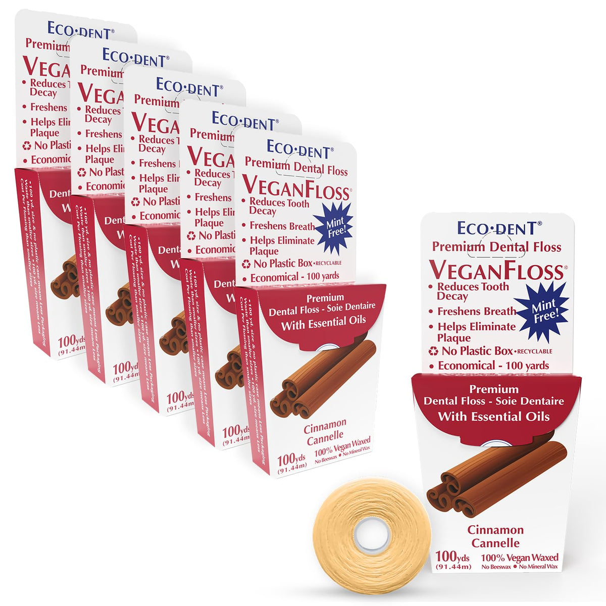 Front view of Eco-Dent VeganFloss Cinnamon Waxed Floss Pack