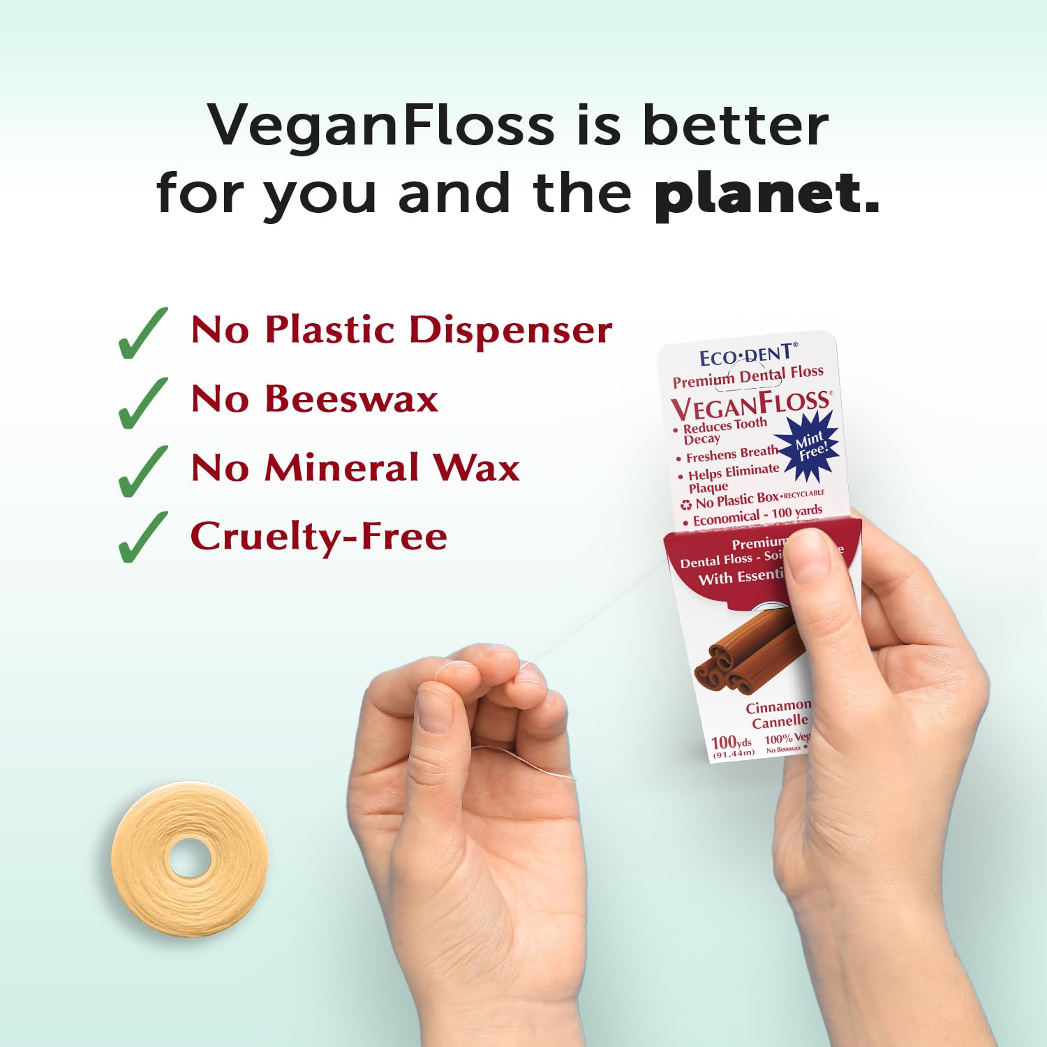 Six packs of Eco-Dent VeganFloss Cinnamon Waxed Floss