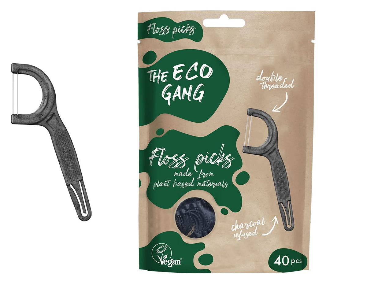 The Eco Gang vegan floss picks made from plant-based materials with mint flavor and charcoal