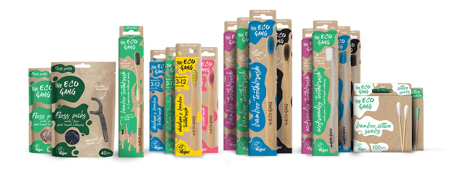 Close up of Eco Gang plant-based floss picks showing sustainable packaging and mint flavor