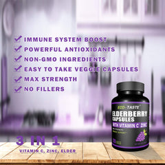 Close-up of ECO-TASTE elderberry capsules with bottle