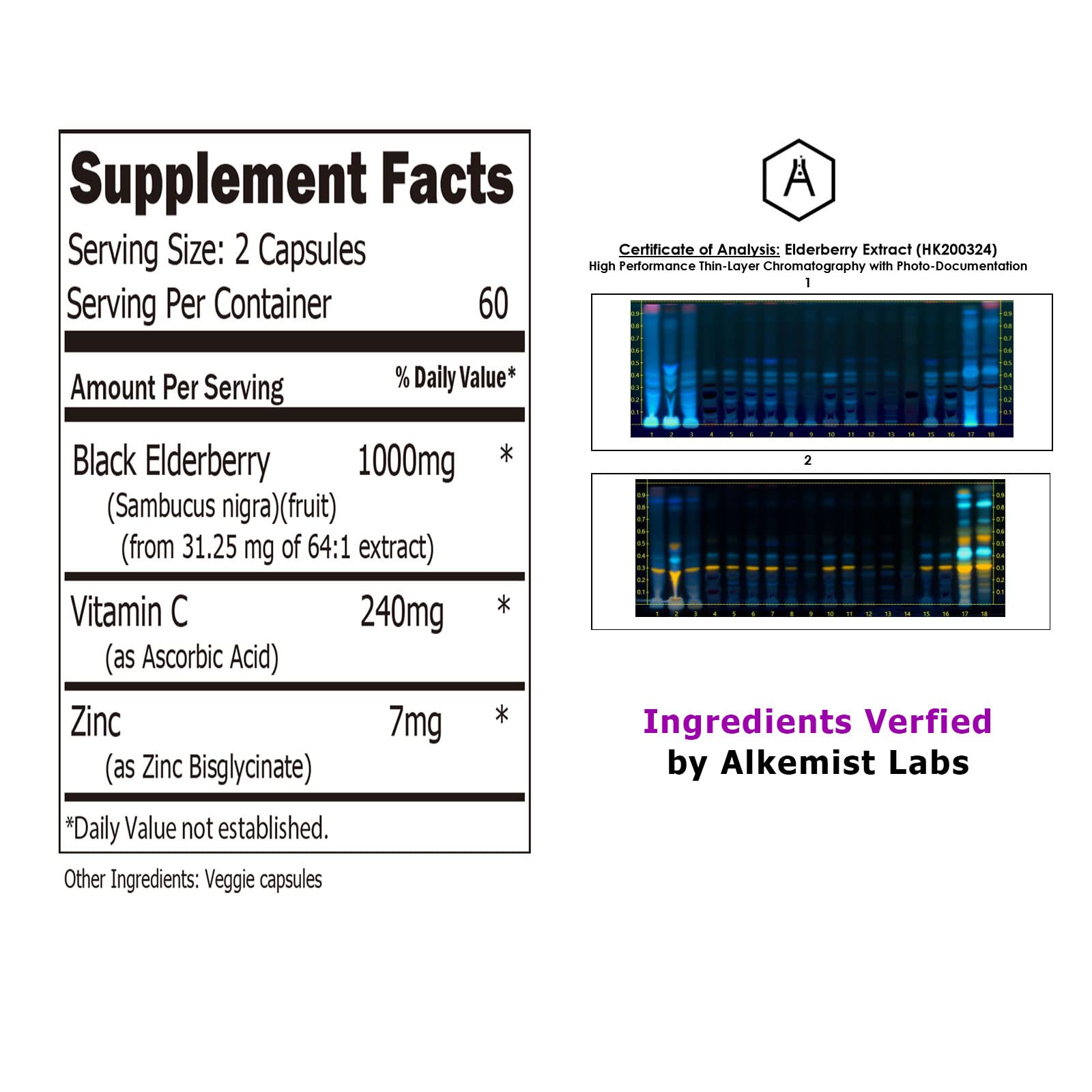 Vitamin C and zinc supplements beside elderberry capsules