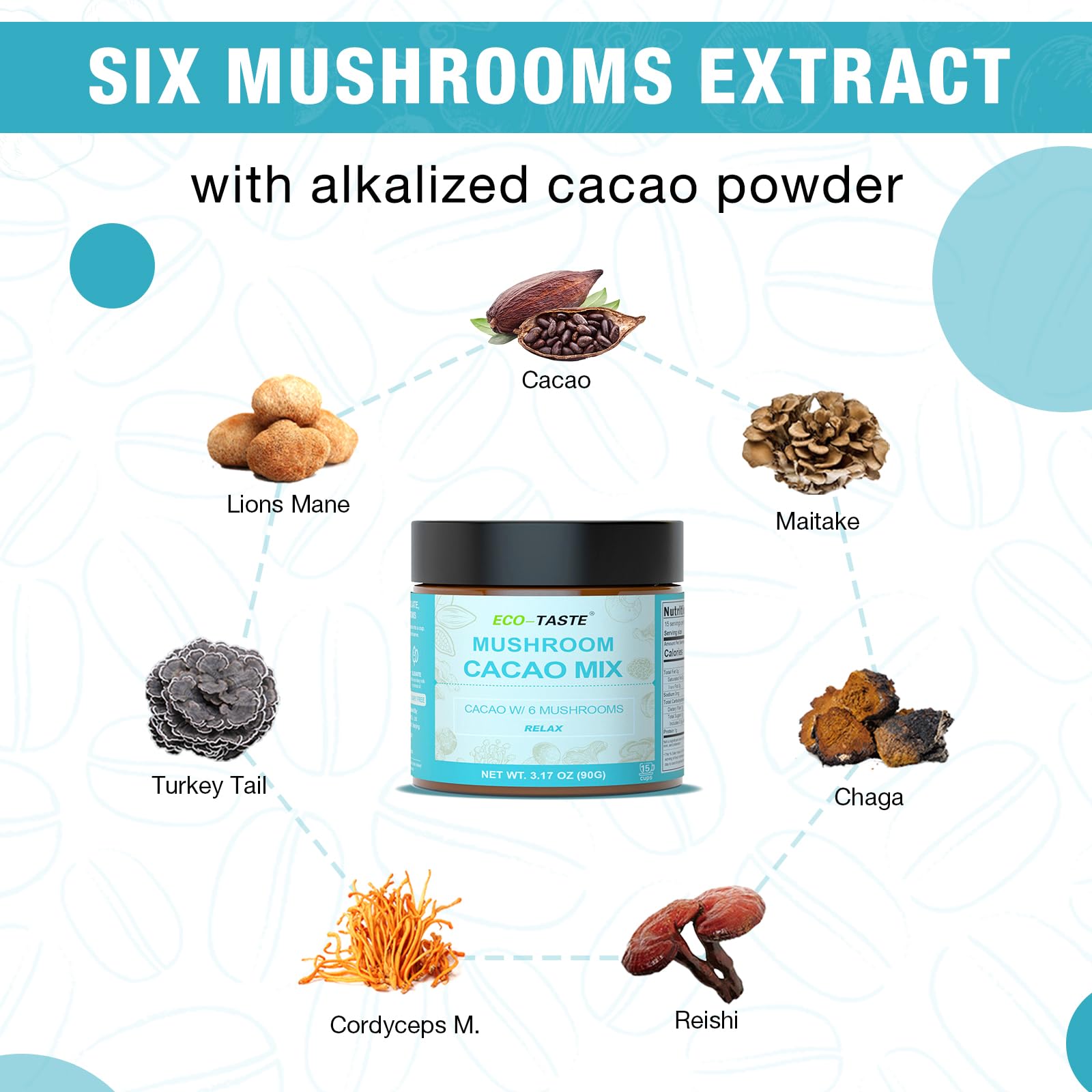 Illustration of six mushroom extracts: Lion's Mane, Reishi, Turkey Tail, Maitake, Cordyceps, Chaga