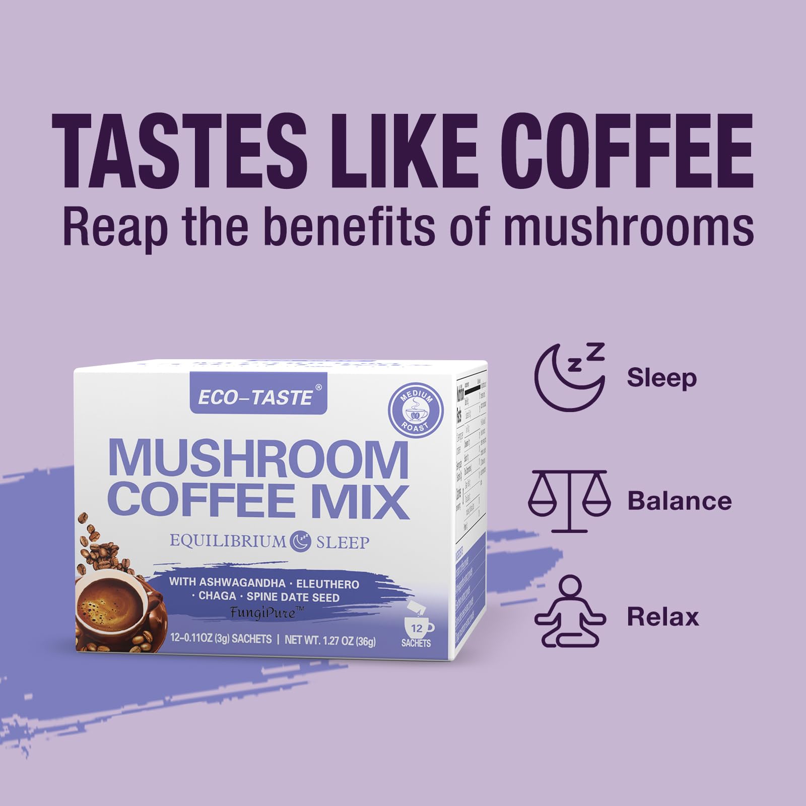 Ingredients of ECO-TASTE Mushroom Coffee: Arabica coffee and adaptogens