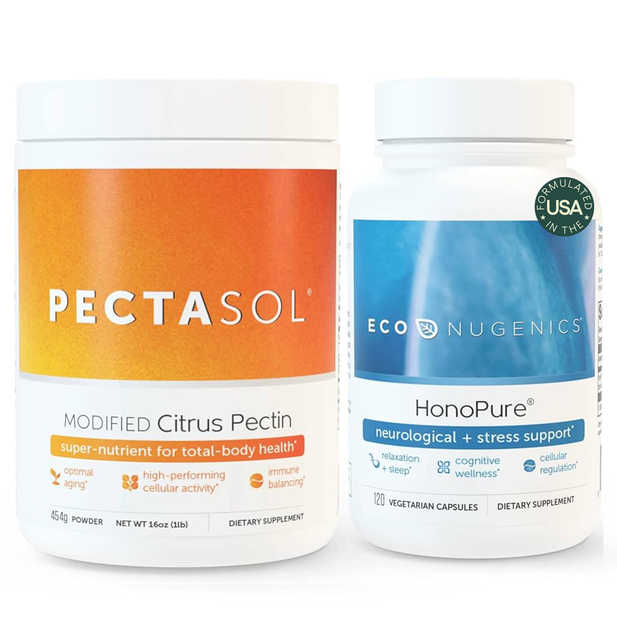 ecoNugenics Brain Health Bundle hero image with PectaSol powder and HonoPure capsules