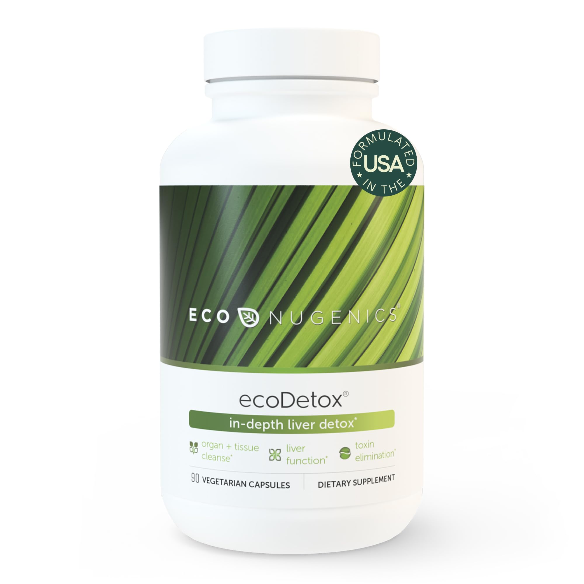 EcoNugenics ecoDetox bottle front indicating liver-support formula for daily wellness.