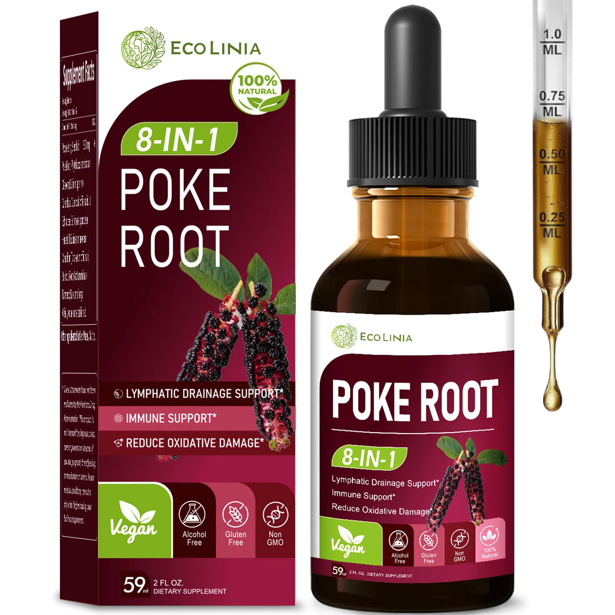 Bottle of ECOLINIA Poke Root Drops highlighting lymphatic drainage and immunity benefits