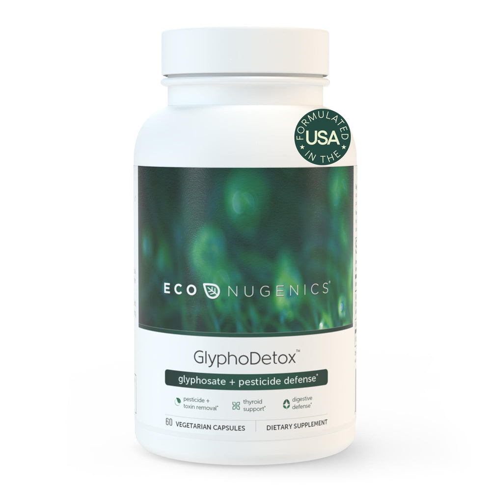 EcoNugenics GlyphoDetox bottle label signals a natural detox blend for toxin support.