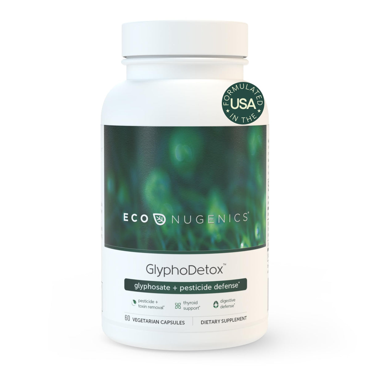 EcoNugenics GlyphoDetox bottle label signals a natural detox blend for toxin support.