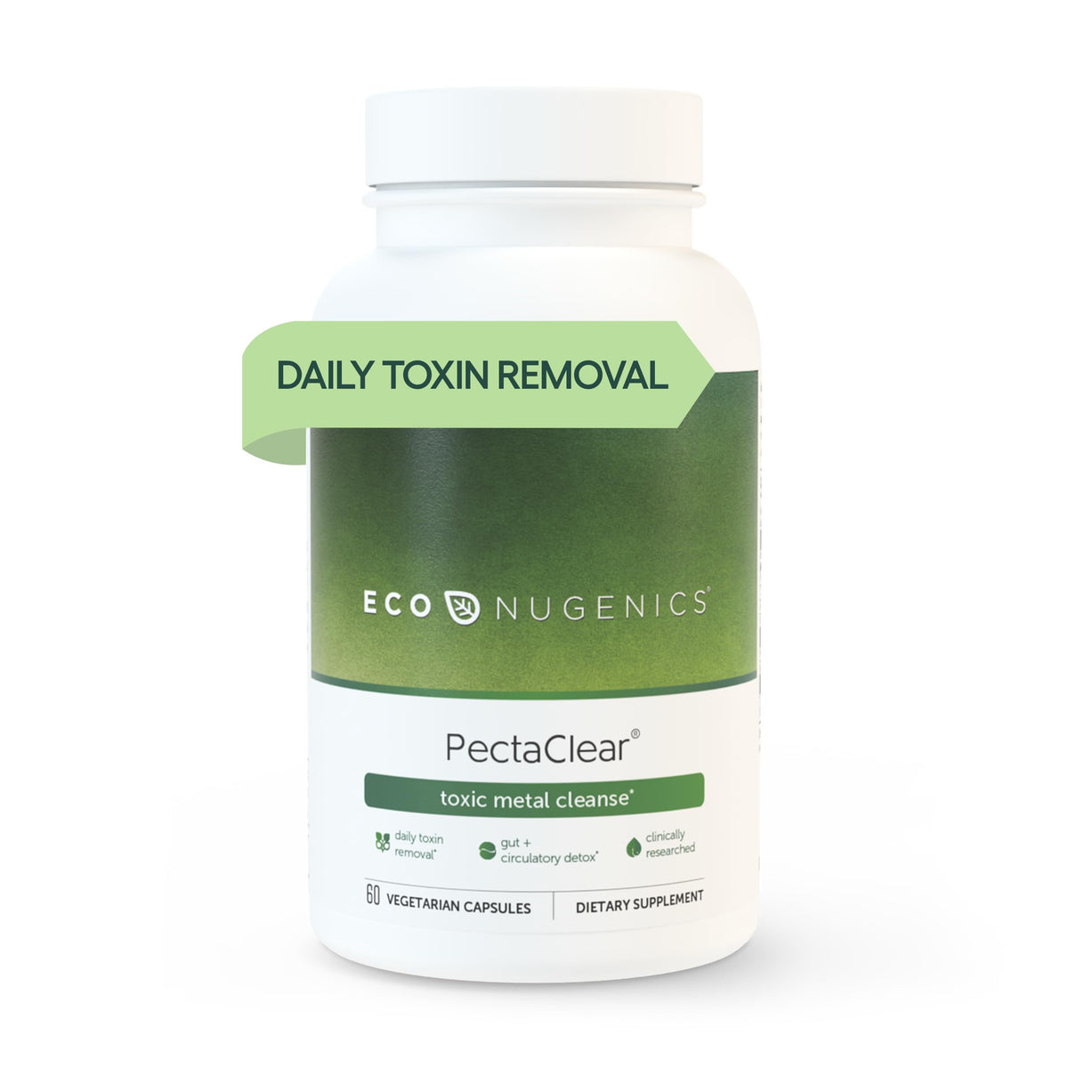 EcoNugenics PectaClear capsules close-up for toxin-binding detox support.