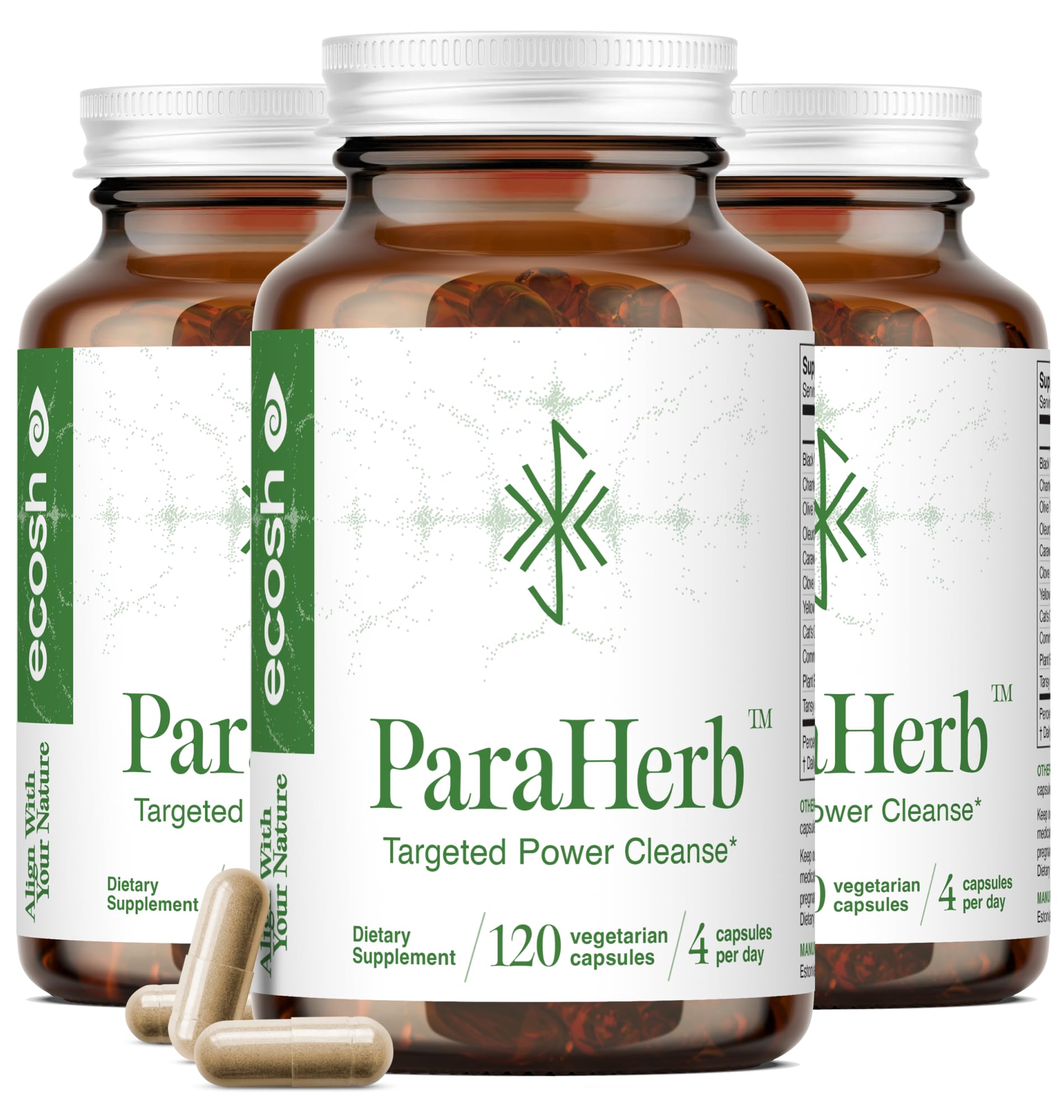 Ecosh ParaHerb bottle front view highlighting vegan capsules and clean label for gut health support