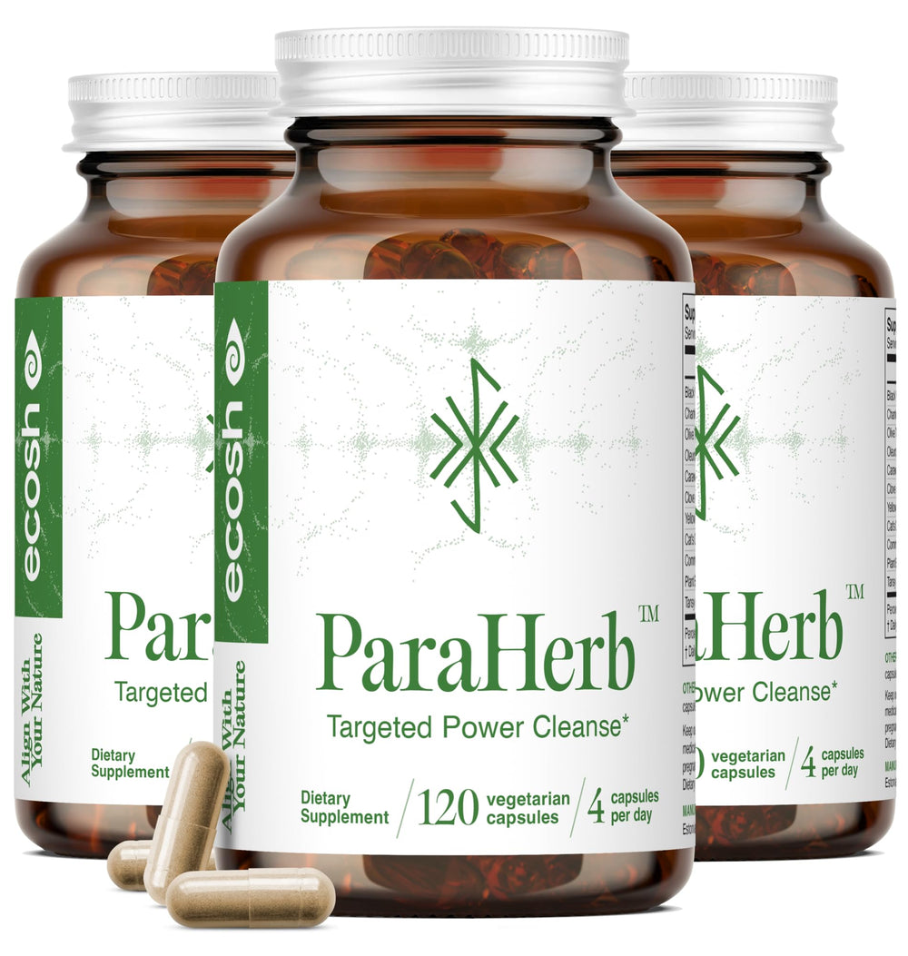 Ecosh ParaHerb bottle front view highlighting vegan capsules and clean label for gut health support