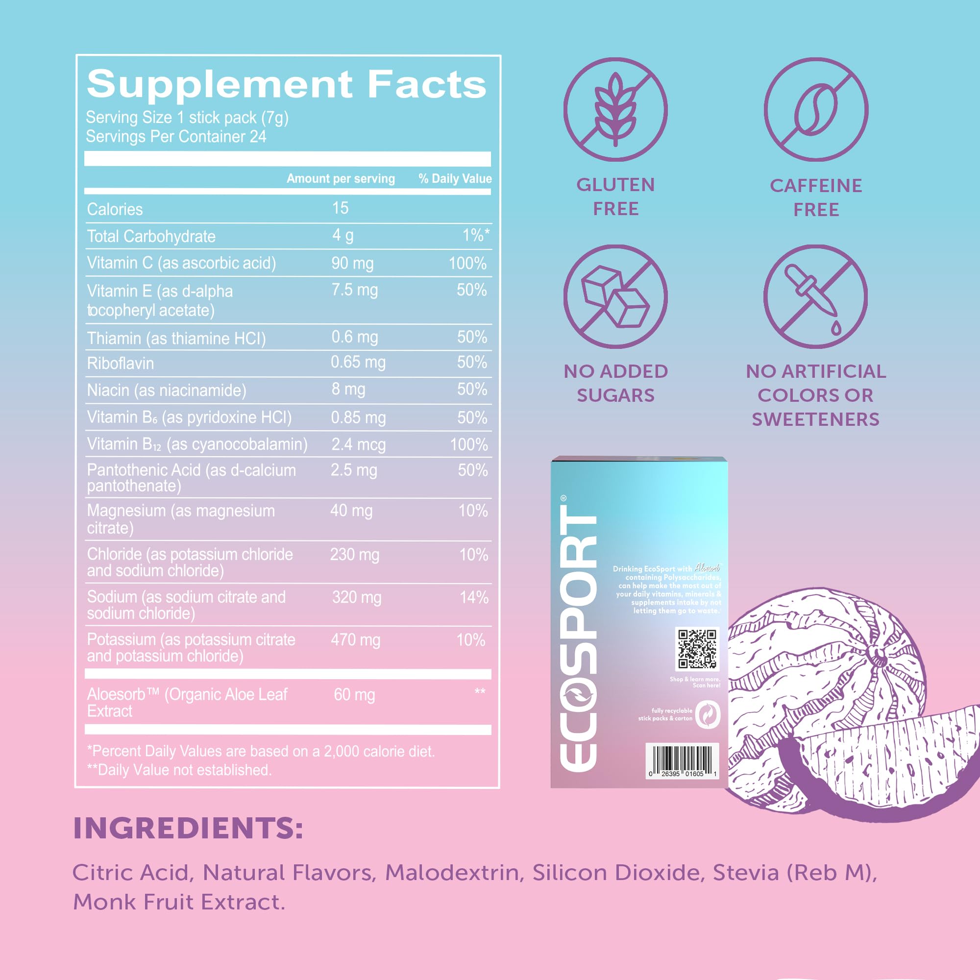 EcoSport Watermelon Hydration Packets ingredients: electrolytes, Vitamin C, B vitamins, Aloe Vera